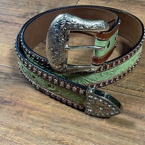 Chartreuse /Brown Leather Belt with Silver Buckle